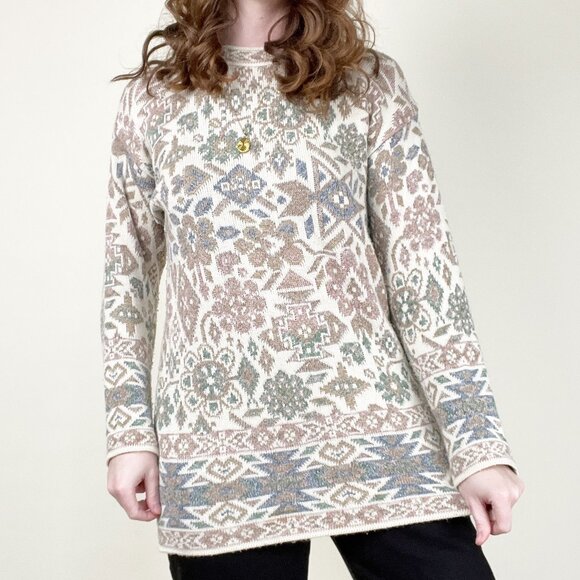 Vintage Floral Knit Fair Isle Abstract Sweater Boho Scandinavian Feminine Girly - Picture 1 of 6